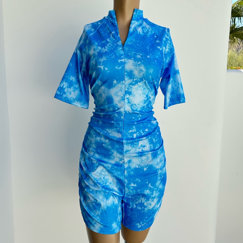 Blue Tie-Dye Short Sleeve Romper